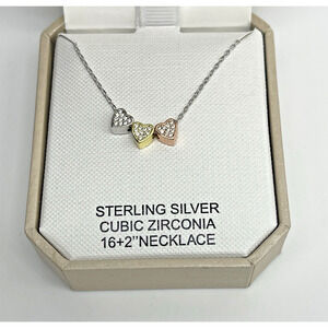 Rachel Zoe Sterling Silver 3 Hearts Tricolor 16" +2” Necklace NIB 925